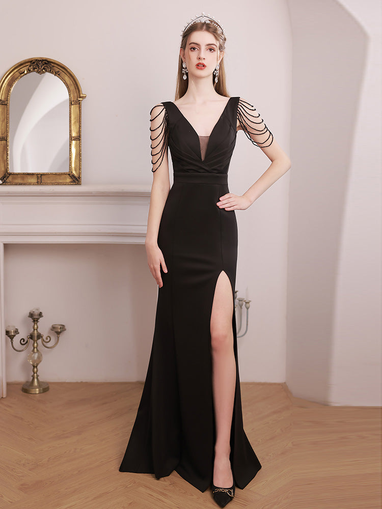 Black sexy V-neck evening dress female 2023 new high-end banquet temperament socialite high set host fishtail dress