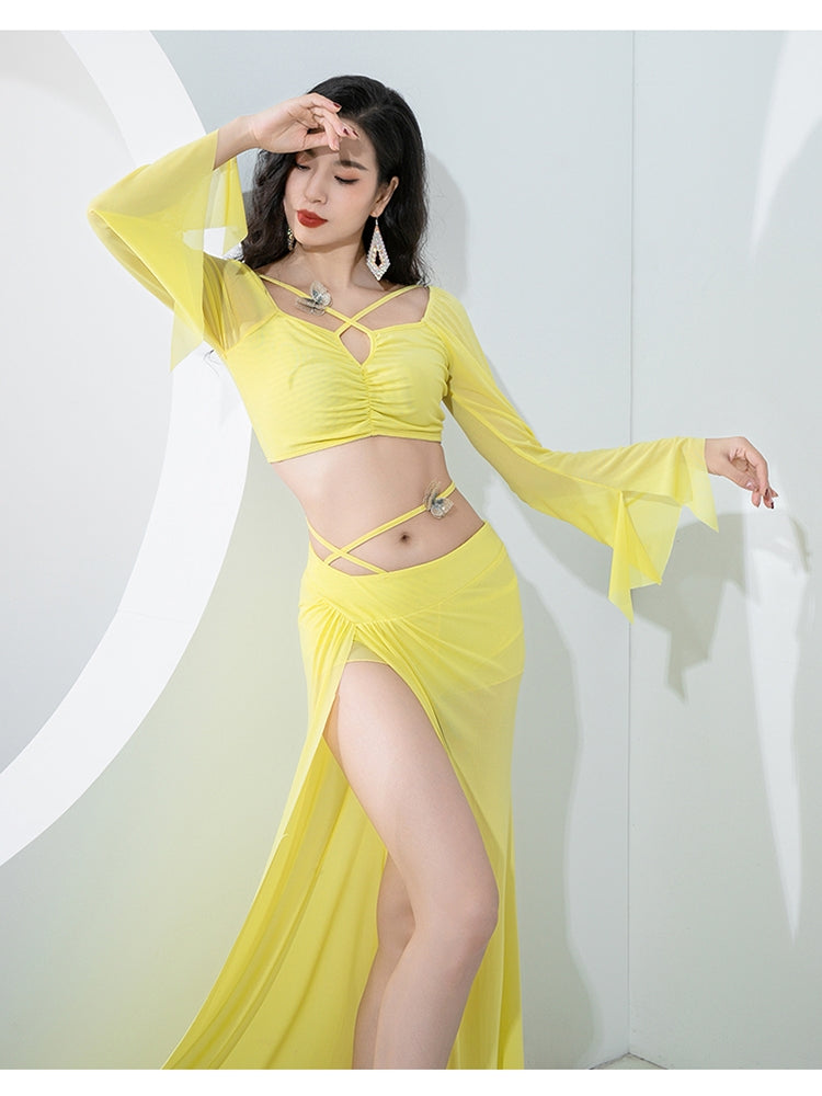 Belly dance training dress 2023 autumn and winter new fashion thin Oriental dance sexy water yarn long sleeve slit skirt set