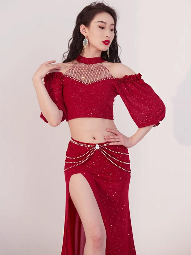 2023 New belly dance set summer shining dance practice dress blouse skirt performance dress group uniform