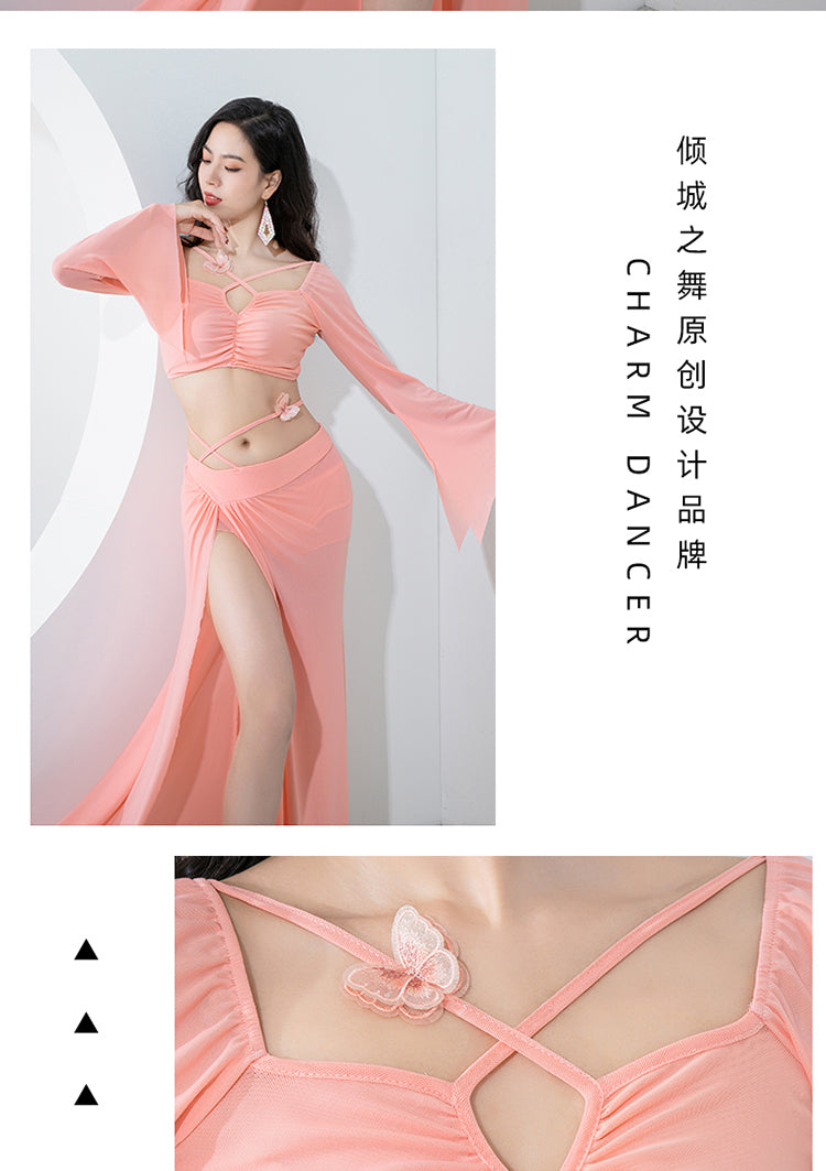 Belly dance training dress 2023 autumn and winter new fashion thin Oriental dance sexy water yarn long sleeve slit skirt set