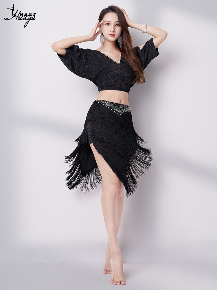 Belly dance 2023 summer V-neck sexy hot drill fringe skirt suit new Oriental dance performance dress training dress woman