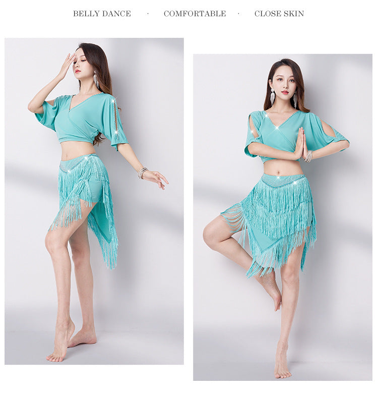 Belly dance 2023 summer V-neck sexy hot drill fringe skirt suit new Oriental dance performance dress training dress woman