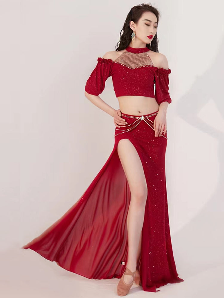 2023 New belly dance set summer shining dance practice dress blouse skirt performance dress group uniform