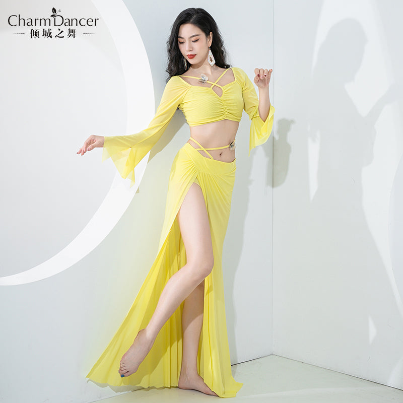 Belly dance training dress 2023 autumn and winter new fashion thin Oriental dance sexy water yarn long sleeve slit skirt set