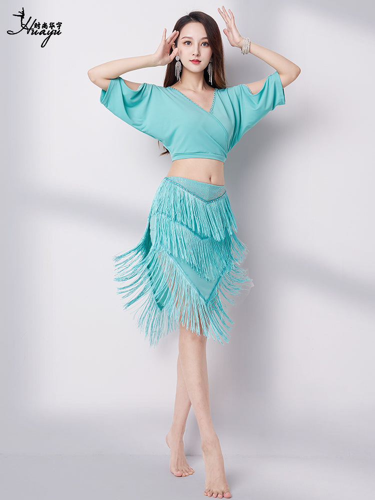 Belly dance 2023 summer V-neck sexy hot drill fringe skirt suit new Oriental dance performance dress training dress woman