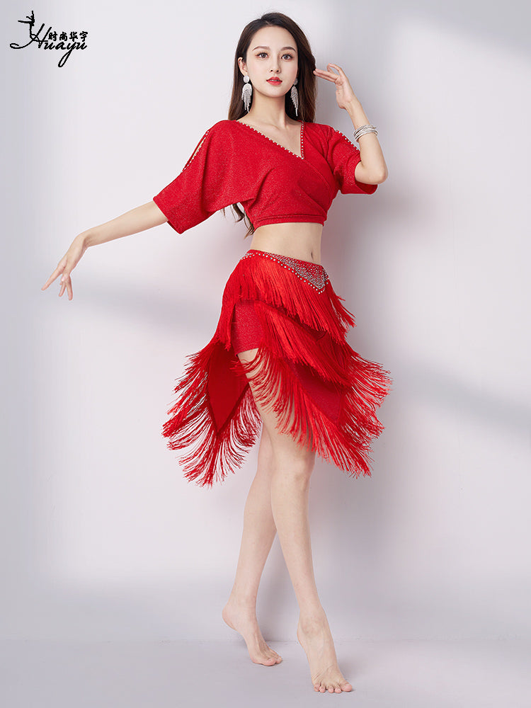 Belly dance 2023 summer V-neck sexy hot drill fringe skirt suit new Oriental dance performance dress training dress woman