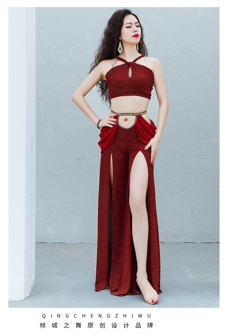 Belly dance training dress new autumn and winter slimming fusion inspired jazz Oriental dance sexy slit wide leg pant suit