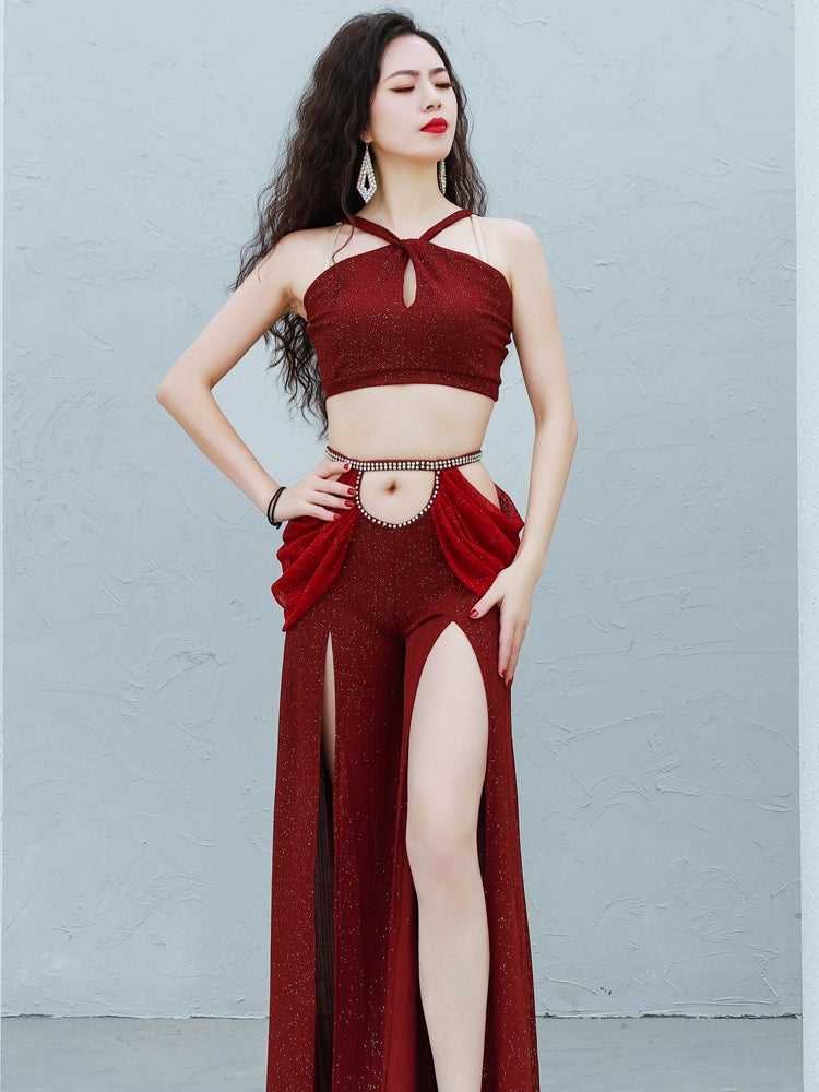 Belly dance training dress new autumn and winter slimming fusion inspired jazz Oriental dance sexy slit wide leg pant suit