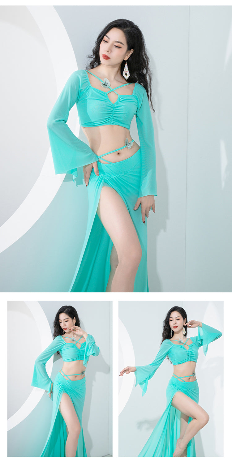 Belly dance training dress 2023 autumn and winter new fashion thin Oriental dance sexy water yarn long sleeve slit skirt set