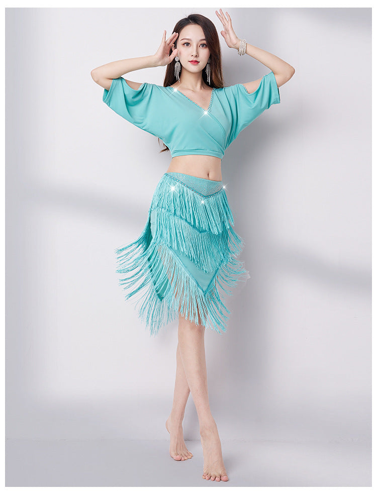 Belly dance 2023 summer V-neck sexy hot drill fringe skirt suit new Oriental dance performance dress training dress woman