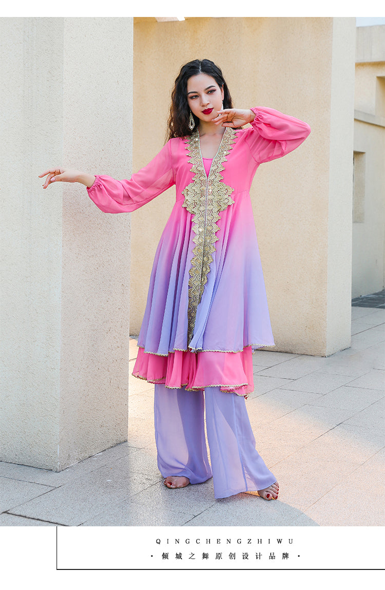 Belly dance folk clothing new autumn and winter Bandari gradient hot drill skirt wide leg trouser suit