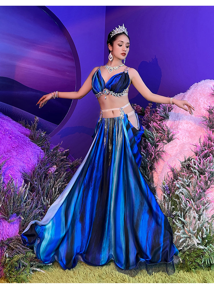 Belly dance tie-dye set with diamond fringe retro costume sexy show off big skirt fairy tied performance dress