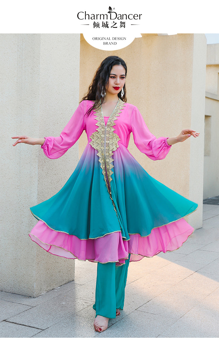 Belly dance folk clothing new autumn and winter Bandari gradient hot drill skirt wide leg trouser suit