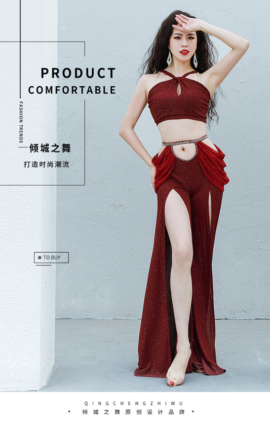 Belly dance training dress new autumn and winter slimming fusion inspired jazz Oriental dance sexy slit wide leg pant suit