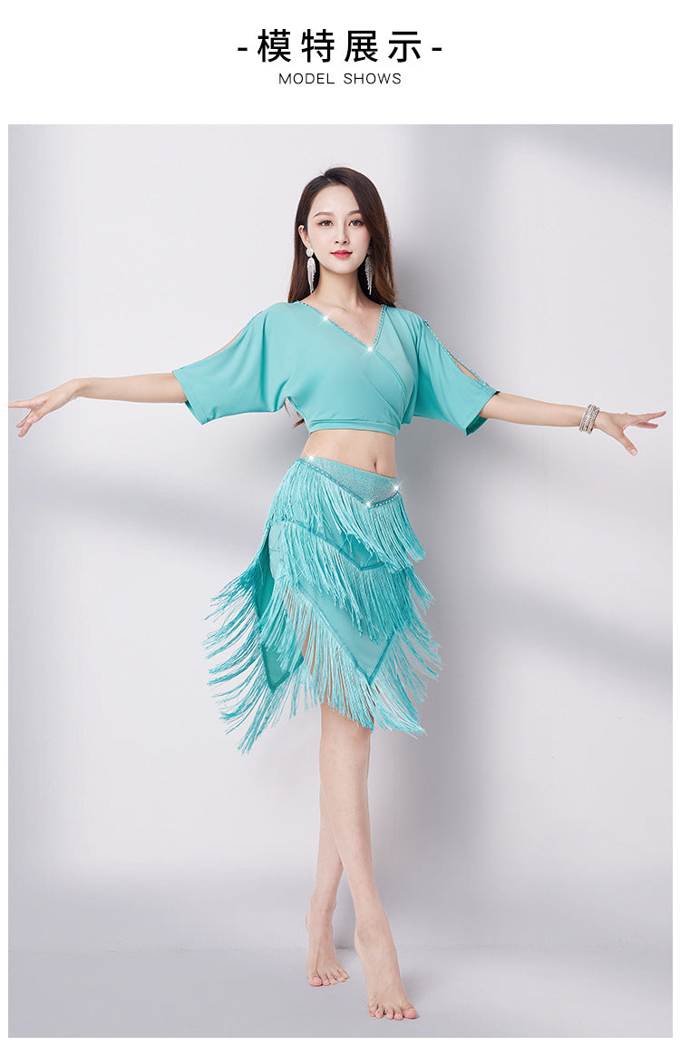 Belly dance 2023 summer V-neck sexy hot drill fringe skirt suit new Oriental dance performance dress training dress woman