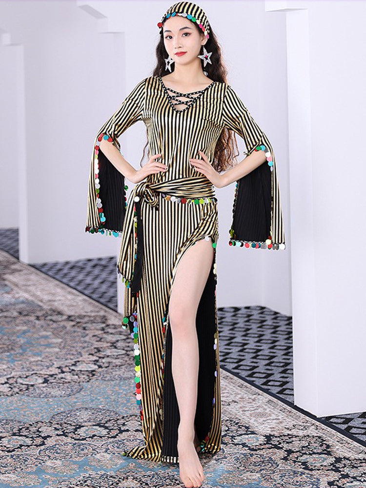 Belly dance costume Gold sequin striped robe baladi folk saidi cane dance Oriental dance dance