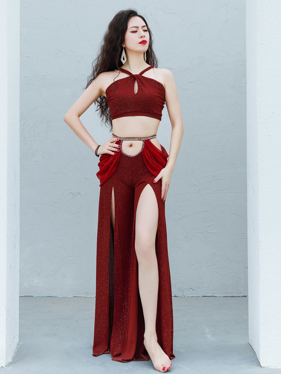 Belly dance training dress new autumn and winter slimming fusion inspired jazz Oriental dance sexy slit wide leg pant suit