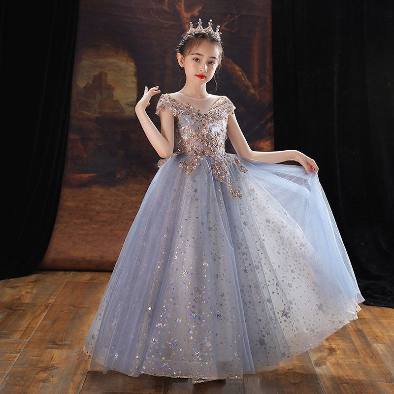 kids costume show wear performance embroidery paillettes long dress