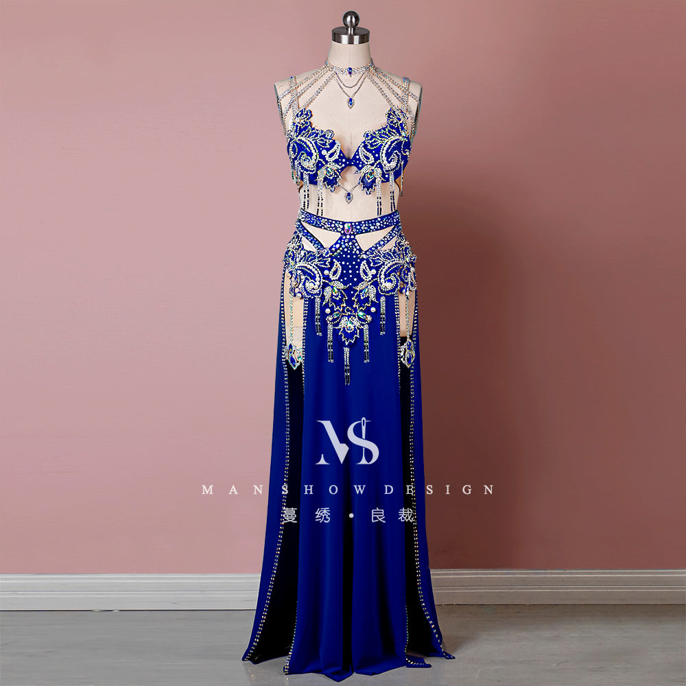 belly dance costume professional suit long skirt blue