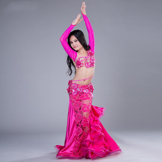 belly dance costume for kid long skirt yellow fuchsia sleeves