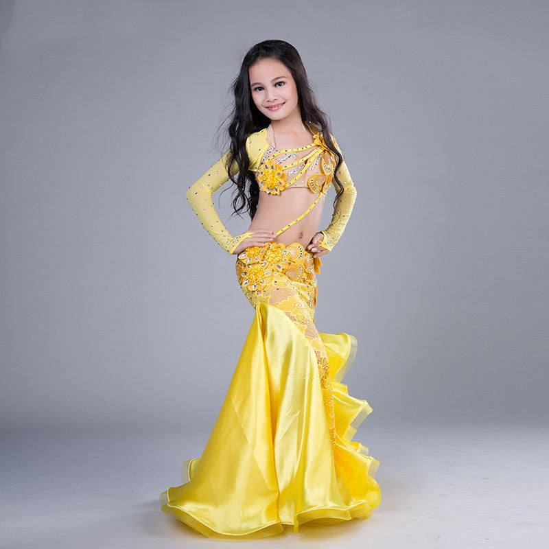 belly dance costume for kid long skirt yellow fuchsia sleeves