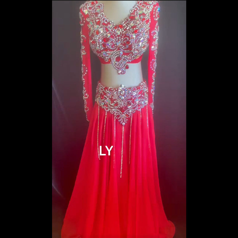 belly dance costume long sleevers ivory embroidery red swing dress