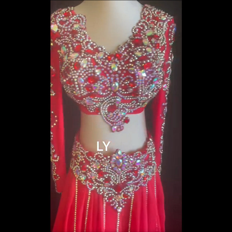 belly dance costume long sleevers ivory embroidery red swing dress