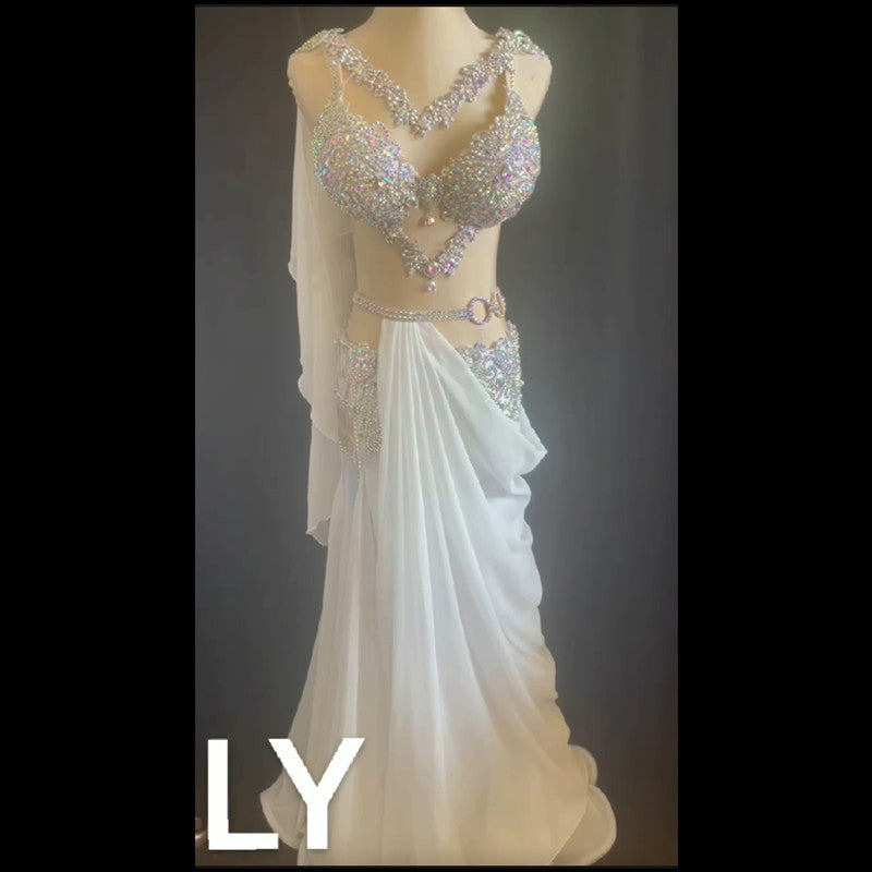 belly dance costume 3-pieces set white long skirt oriental dance