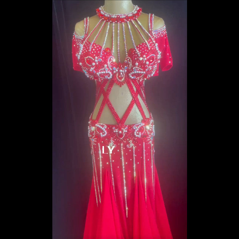 belly dance costume oriental performance red skirt