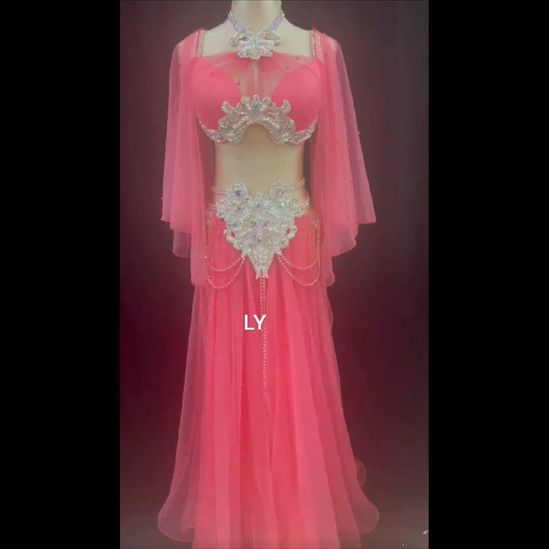 belly dance costume competition suit dance perfomance wear long skirt pink long sleeves