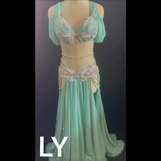 belly dance costume  customize mint green long skirt